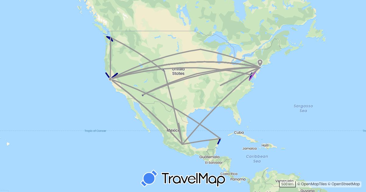 TravelMap itinerary: driving, plane, train, boat in Mexico, United States (North America)